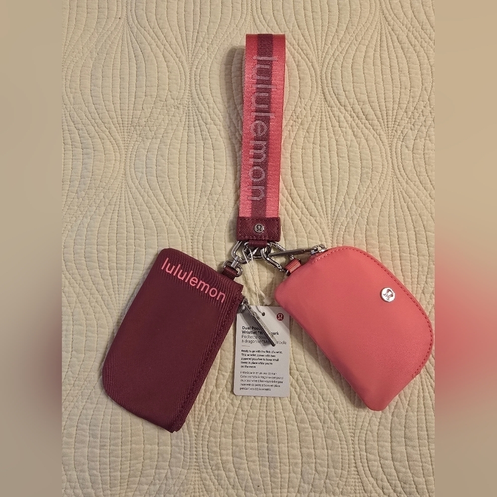 NWYlT Lululemon Pink And Burgundy Dual Pouch Wristlet Wordmark